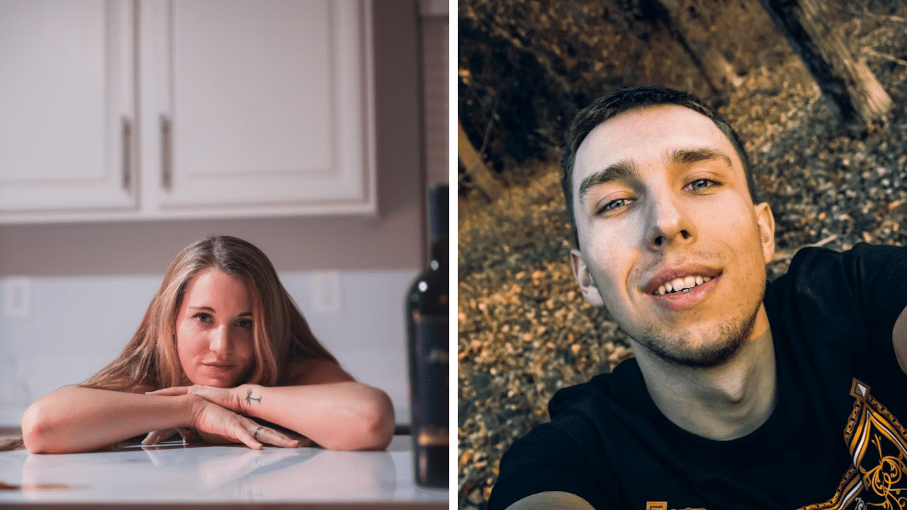 Žena opretá o stôl a muž s úsmevom vonku na dvojdielnej fotografii.