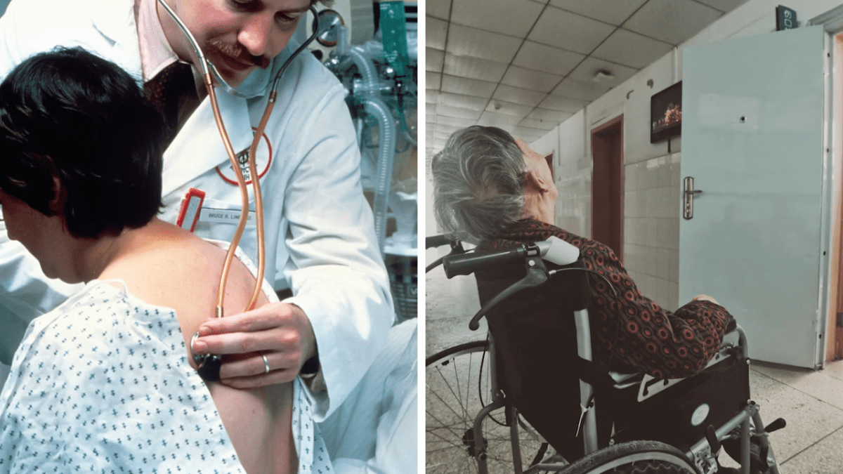 Lekár kontroluje pacienta so stetoskopom; staršia žena na invalidnom vozíku na chodbe nemocnice.