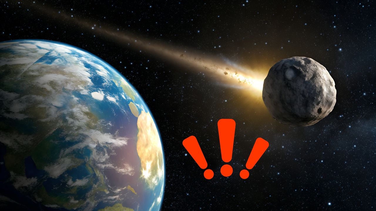 Asteroid letí k Zemi, hrozivý výstražný symbol v popredí.