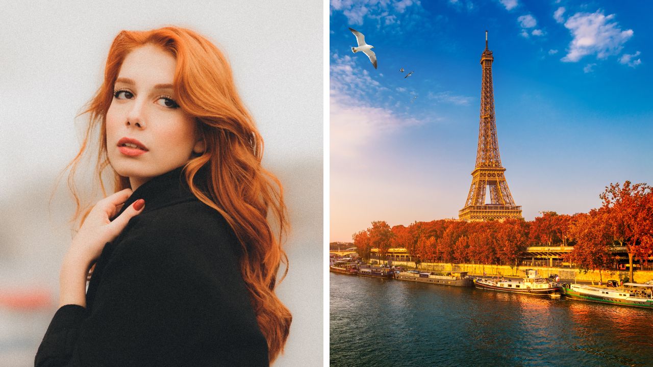 Portrét ženy s ryšavými vlasmi v čiernom kabáte vedľa Eiffelovej veže počas západu slnka, Paríž v jeseni.