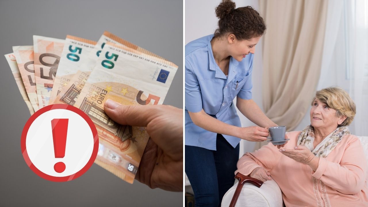 Osoba drží euro bankovky s ikonou varovania; zdravotná sestra ponúka čaj staršej žene v kresle.