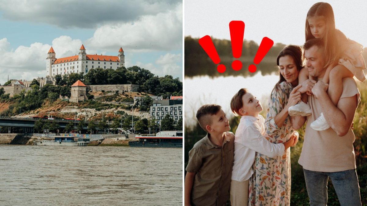 Bratislavský hrad nad Dunajom a rodina na prechádzke pri jazere v prírode so zábavnými momentmi.