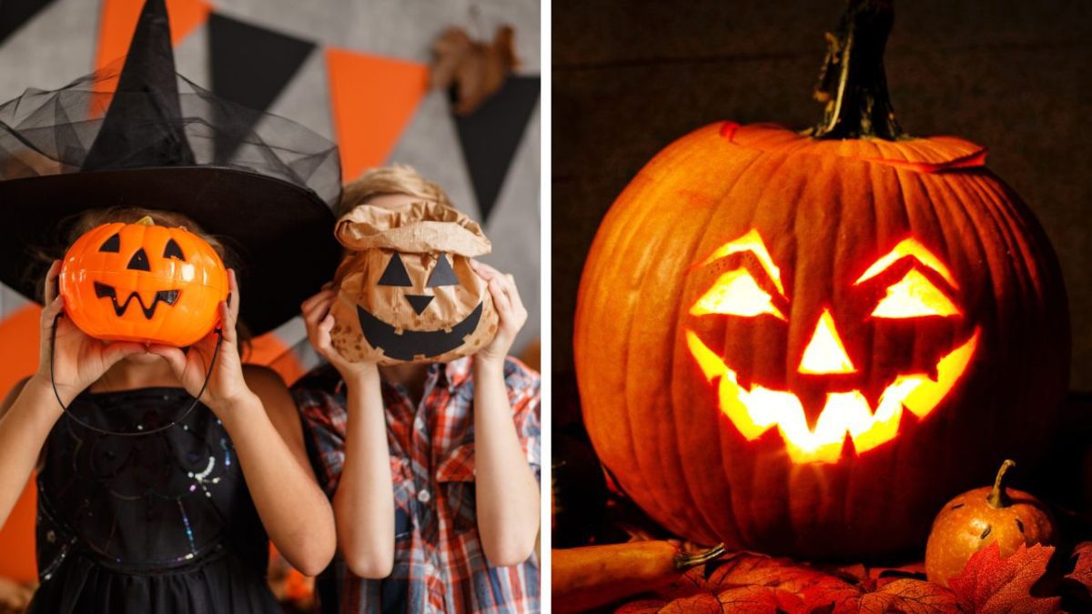 Deti s tekvicovými maskami a vyrezávaná svietiaca tekvica, Halloween dekorácia.