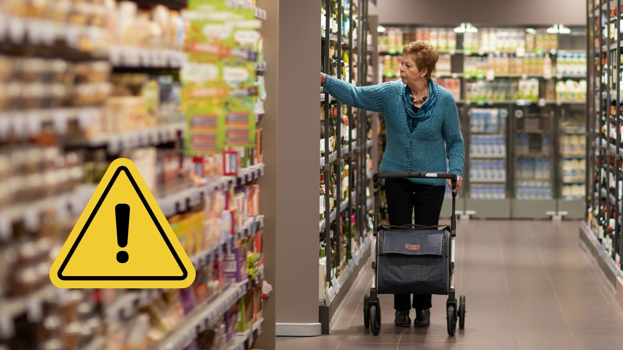 Staršia žena s vozíkom nakupuje v supermarkete. Varovný symbol upozorňuje na bezpečnosť.