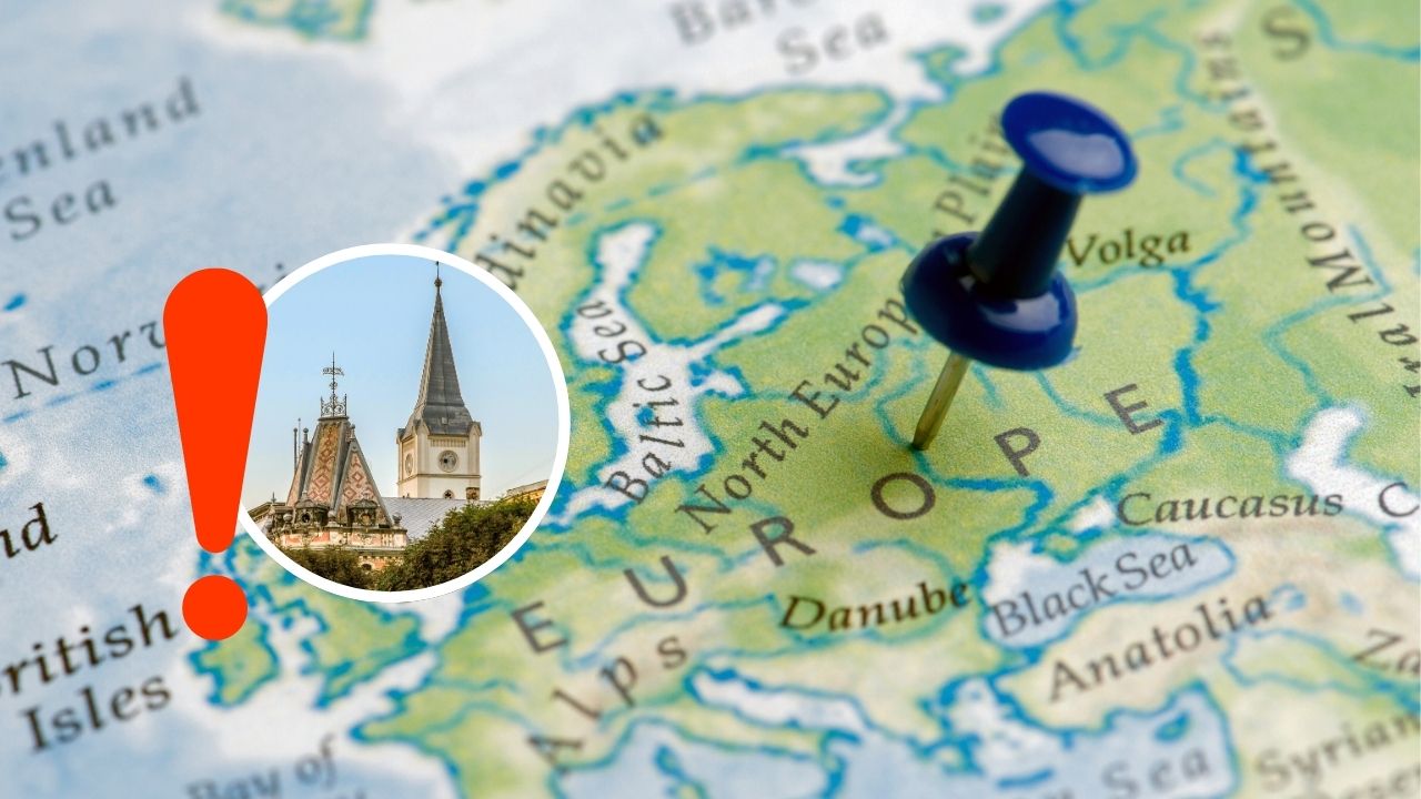 Mapa Európy so zvýraznenou oblasťou a fotografiou historickej veže.