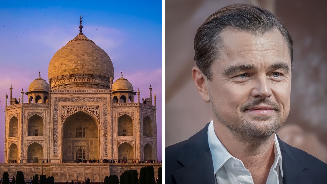 Ľavá časť: Taj Mahal za súmraku. Pravá časť: Portrét usmievavého muža v obleku.