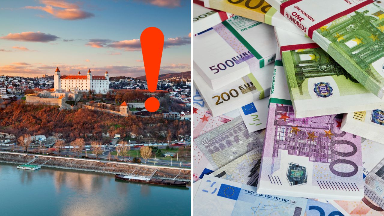 Bratislavský hrad pri západe slnka a stoh bankoviek eur znázorňujúci finančný rast na Slovensku.