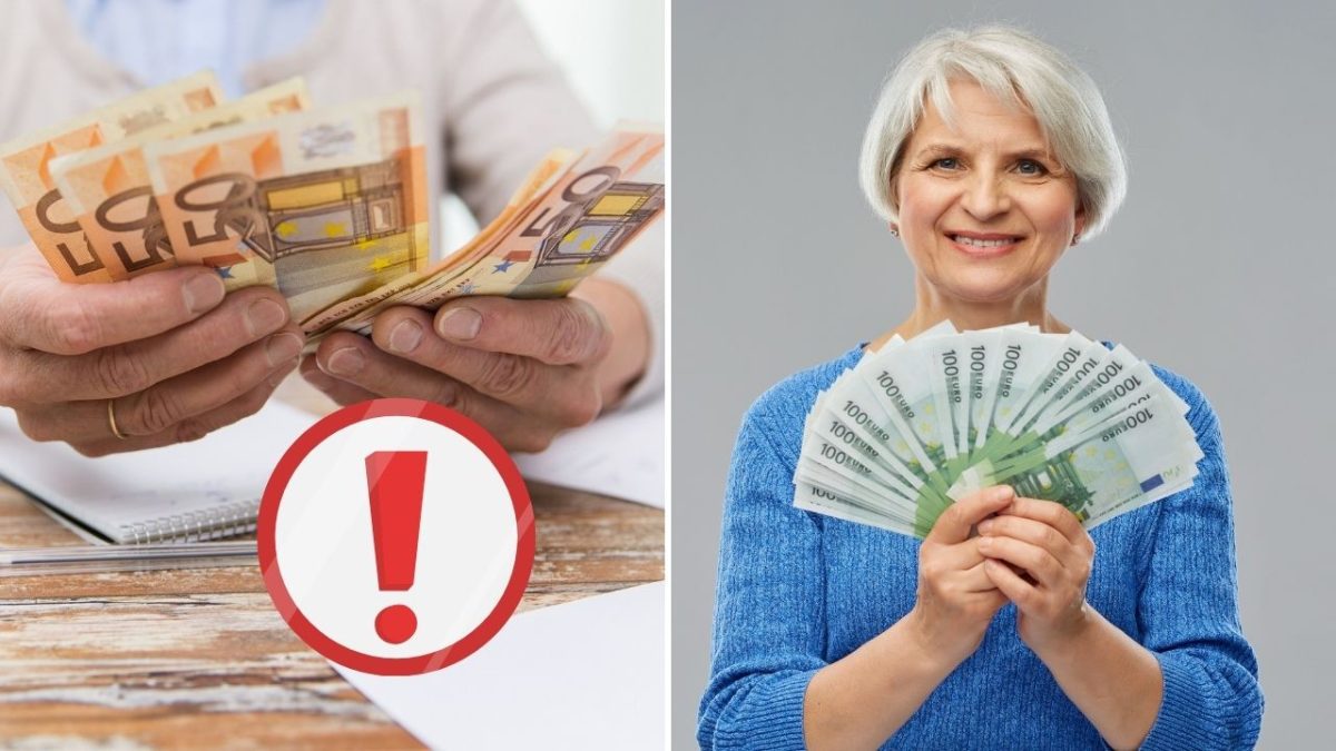 Dve osoby s eurobankovkami: jedna osoba drží bankovky a varovný symbol, druhá sa usmieva s bankovkami v ruke.