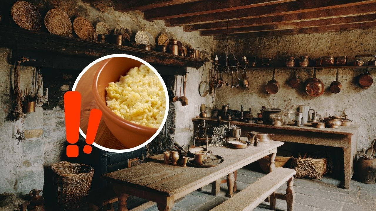 Starodávna kuchyňa s dreveným nábytkom a medeným riadom, detail na misu s kukuričnou kašou.