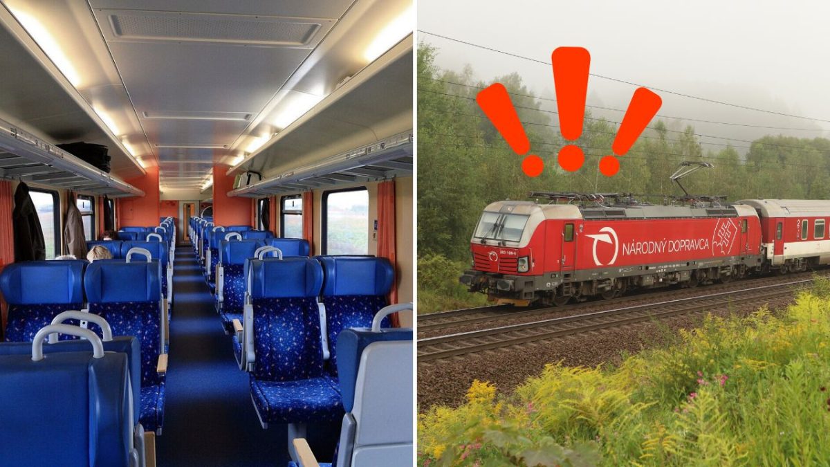 Interiér moderného vlaku a vonkajší pohľad na lokomotívu národného dopravcu, Slovensko.