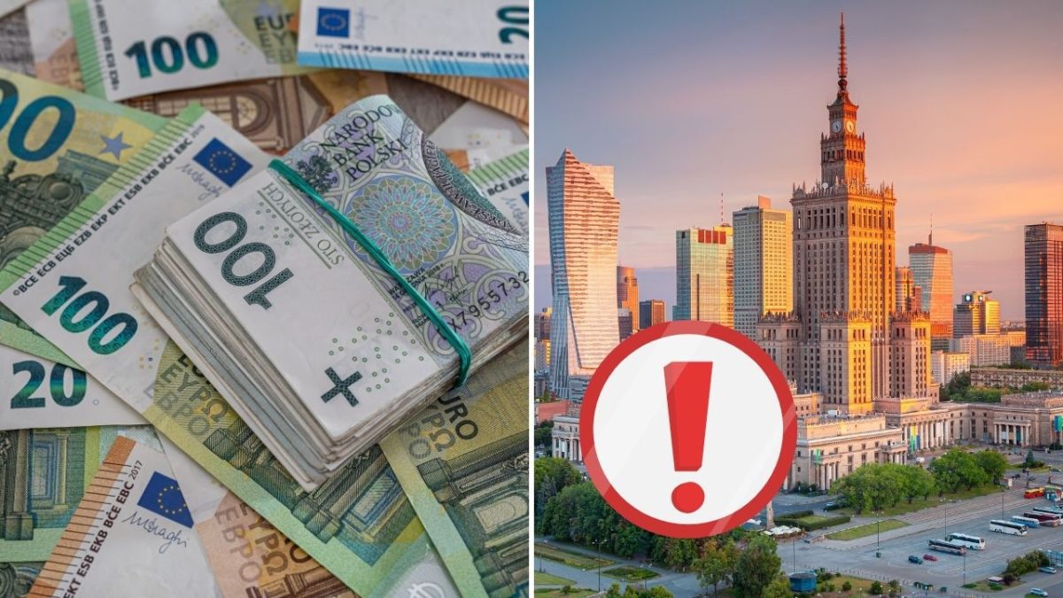 Peníze a město s výstražným symbolem upozorňují na ekonomické riziká alebo dôležitú finančnú situáciu.