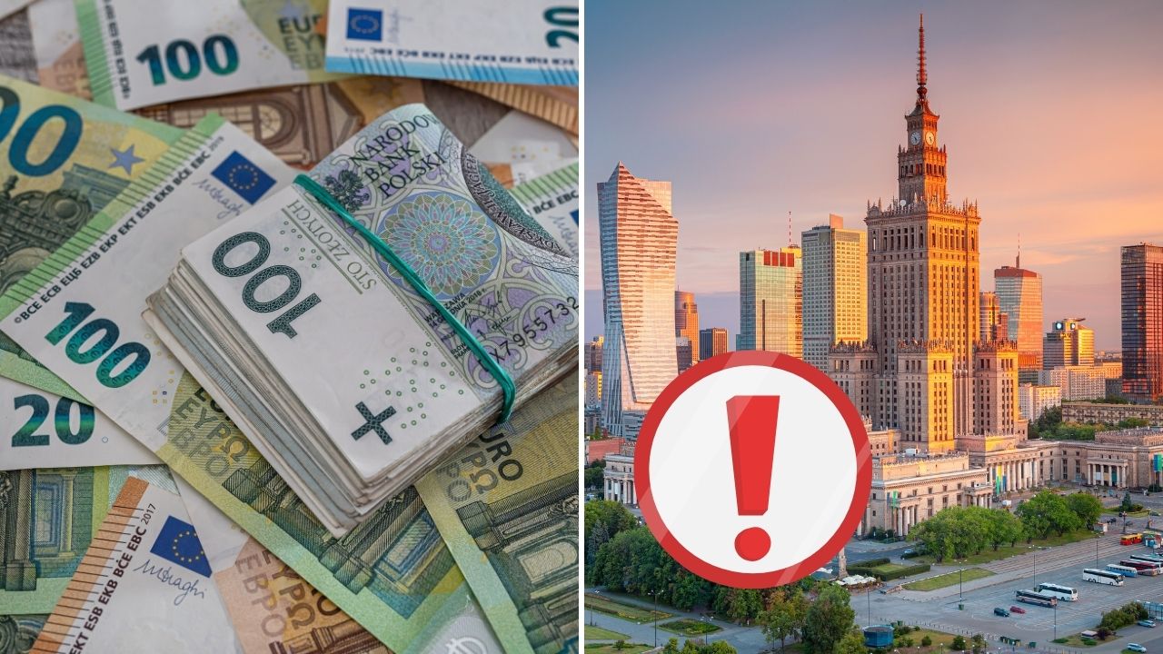 Peníze a město s výstražným symbolem upozorňují na ekonomické riziká alebo dôležitú finančnú situáciu.