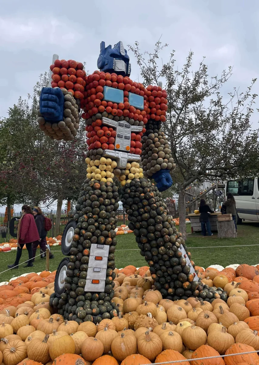 Obrovská socha robota z tekvíc lemovaná tekvicami v parku na festivalovej výstave na jeseň.