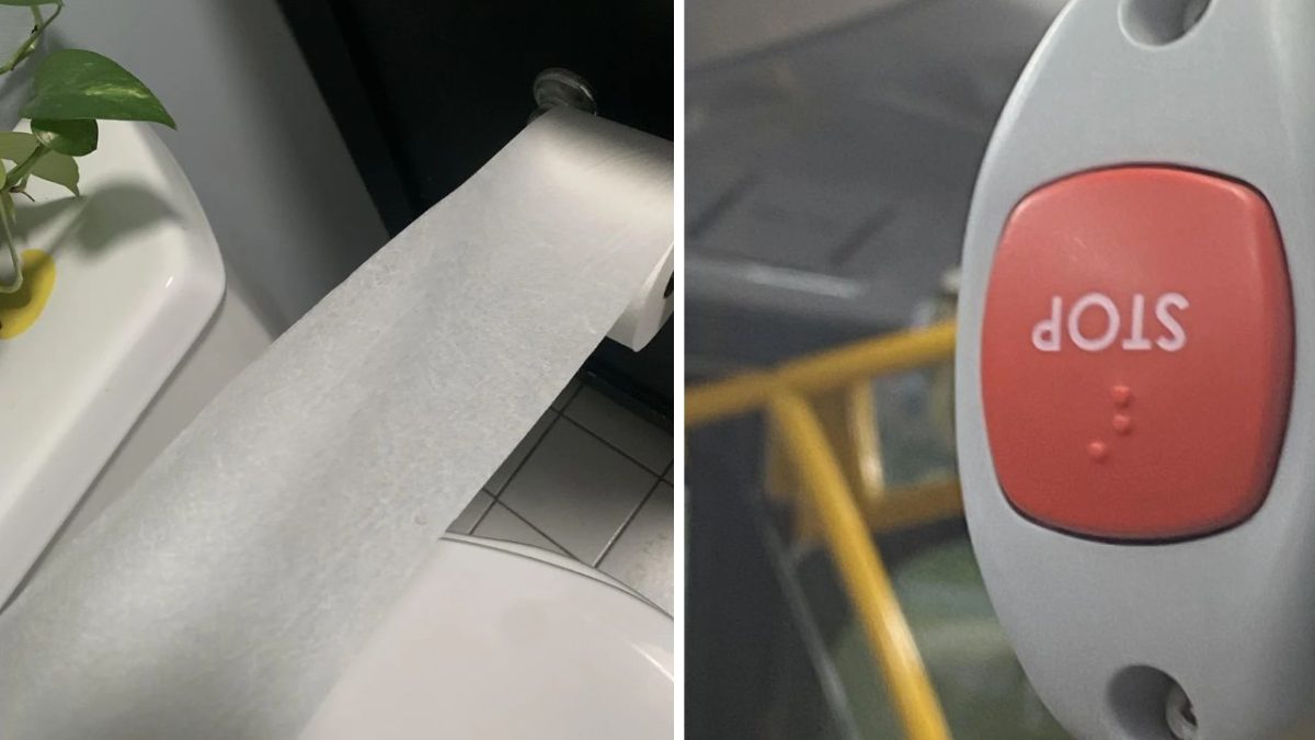 Toaletný papier na držiaku v kúpeľni a tlačidlo STOP v autobuse alebo verejnom prostriedku.