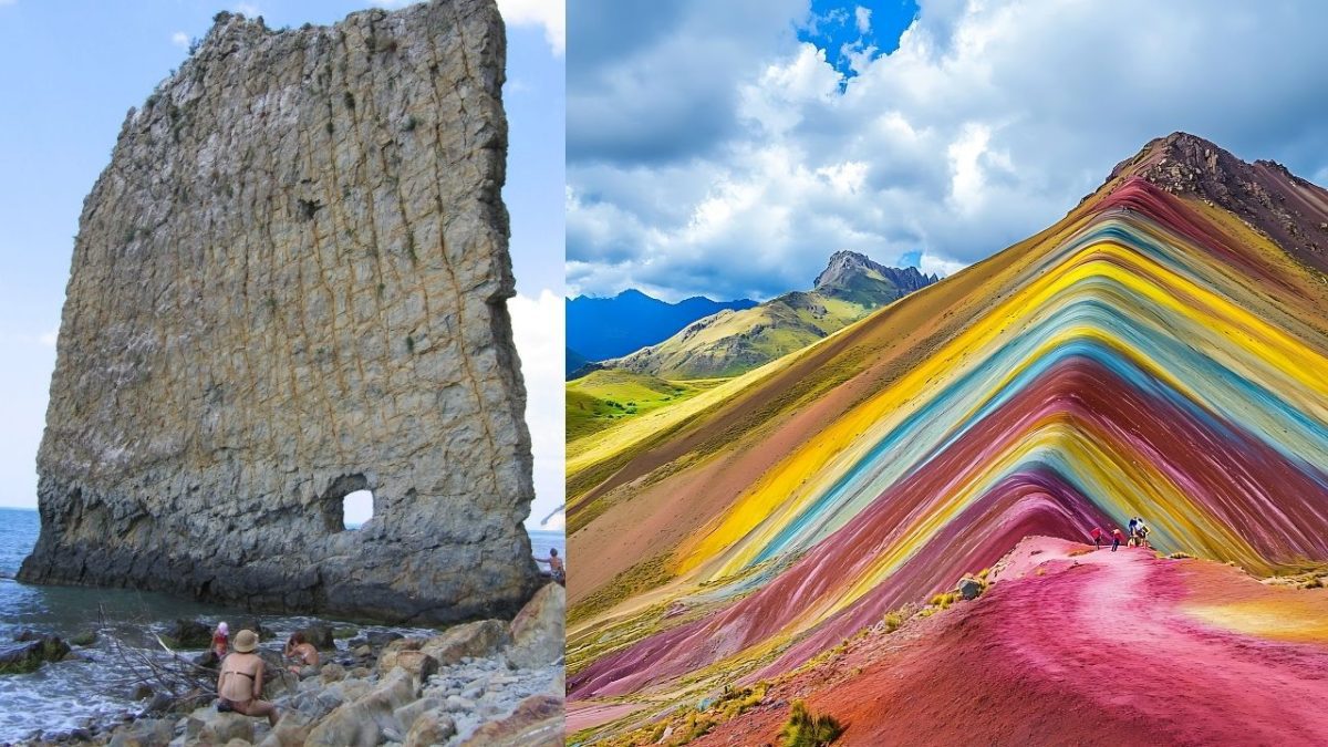 Skalný útvar pri mori a dúhové pohorie v krásnej krajine s turistami a jasnou oblohou.