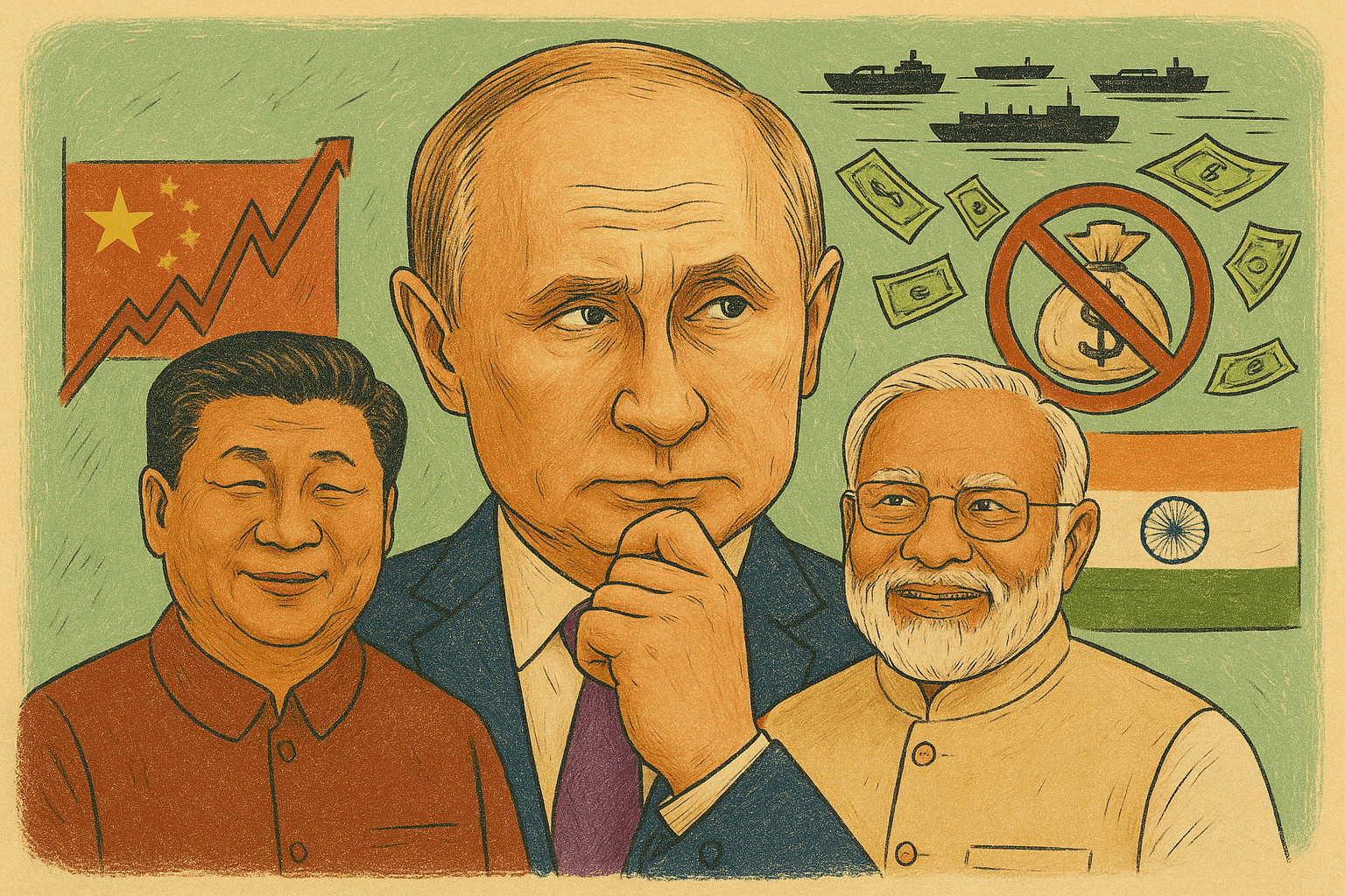 Putin, Si a Módi, doláre s krížom, grafy a lode. Ilustrácia