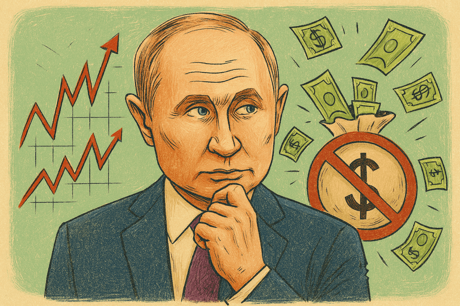 Ilustrácia Vladimíra Putina premýšľajúceho o ekonomike s rastúcimi grafmi a symbolmi peňazí v pozadí.