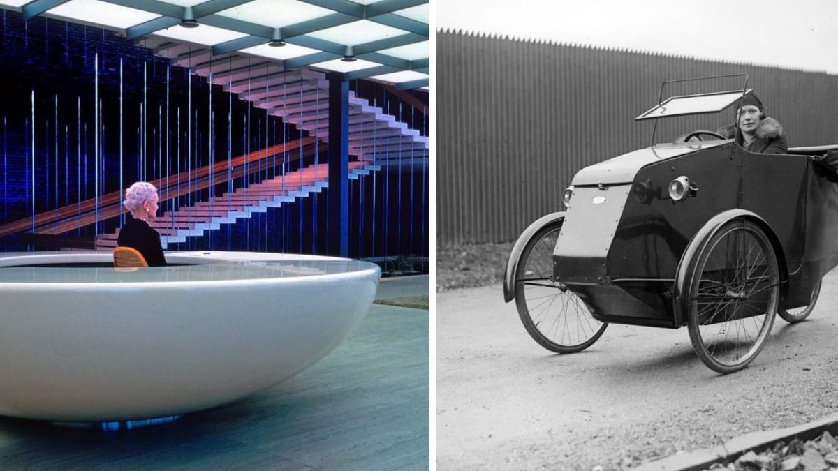 Moderné architektonické prostredie a retro trojkolesové vozidlo spája kontrast pokroku a nostalgie.