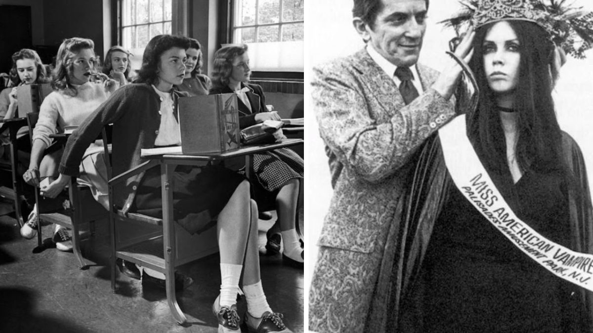 Skupina študentiek v triede a súťaž krásy Miss American Vampire s dekorovanou víťazkou.