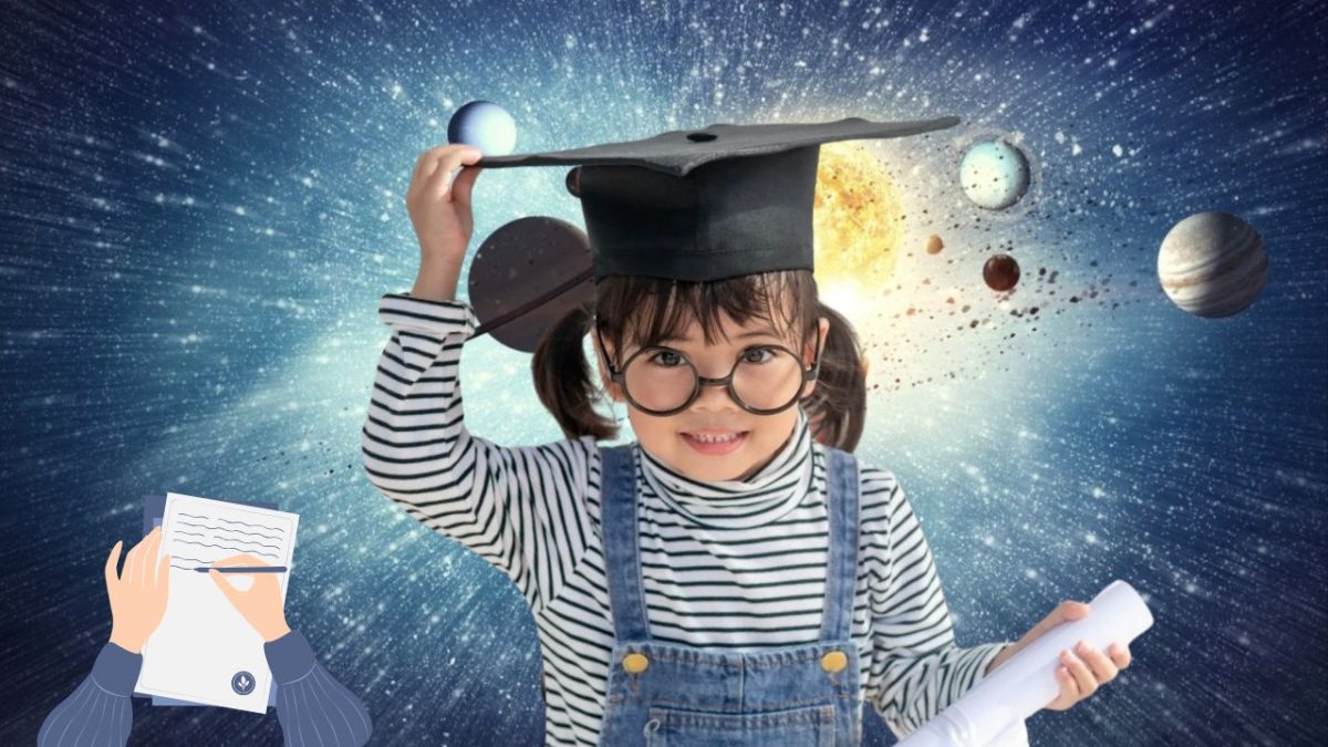 Dieťa v akademickej čiapke s vesmírom v pozadí, symbolizuje učenie a budúcnosť.