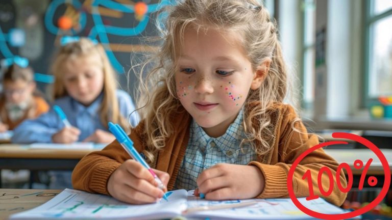 Dieťa píše do zošita v triede, usilovne sa pripravuje na test. 100% úspech zobrazený v červenom kruhu.
