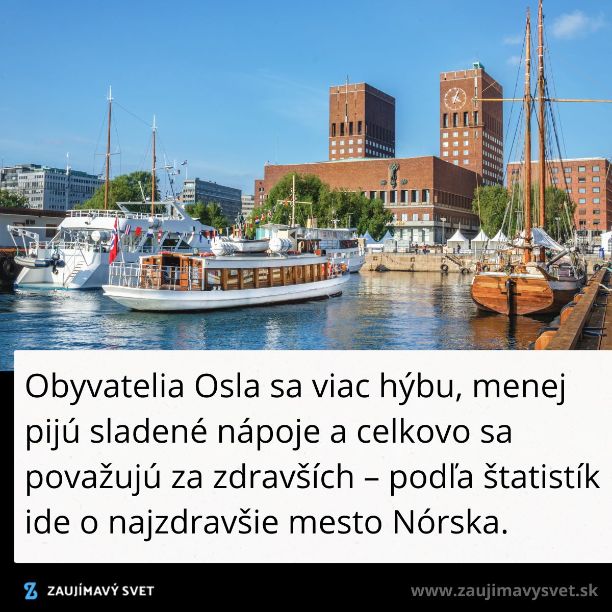 Prístav v Osle s loďami a výhľadom na radnicu za slnečného dňa.