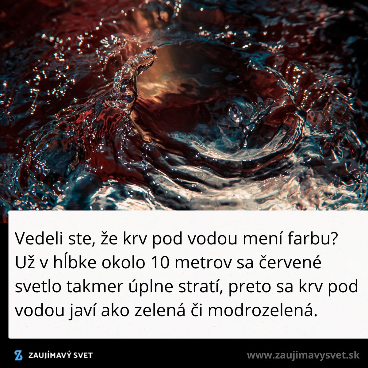 Voda mení farbu krvi: do hĺbky 10 metrov sa javí zelená či modrozelená kvôli absorpcii červeného svetla.