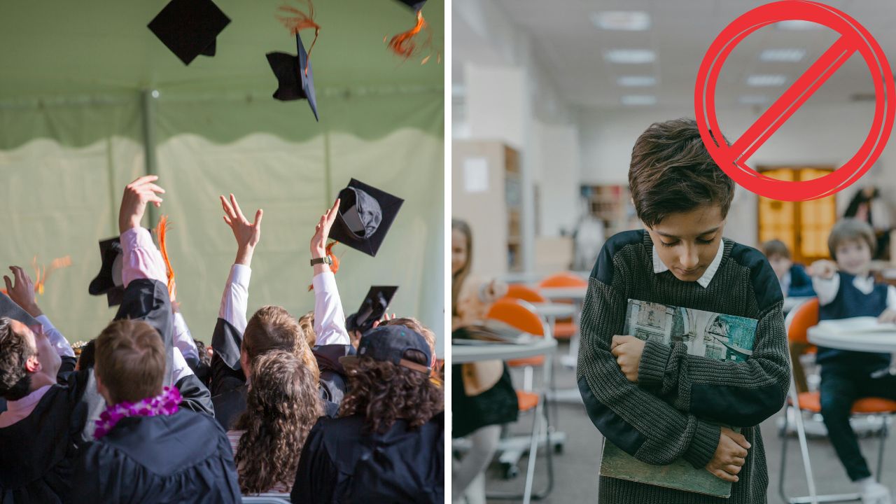 Študenti oslavujú promócie, zatiaľ čo vedľa je smutný chlapec s preškrtnutou známkou v triede.
