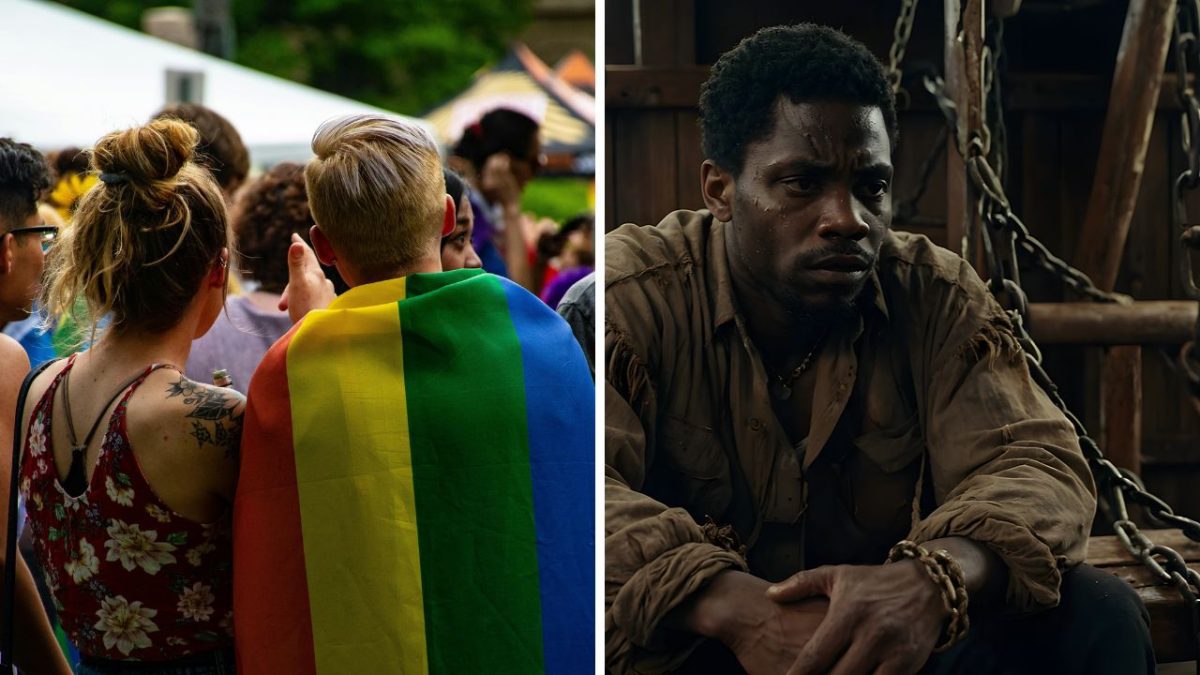 Pride pochod s dúhovou vlajkou a dramatická scéna s mužom v reťaziach.