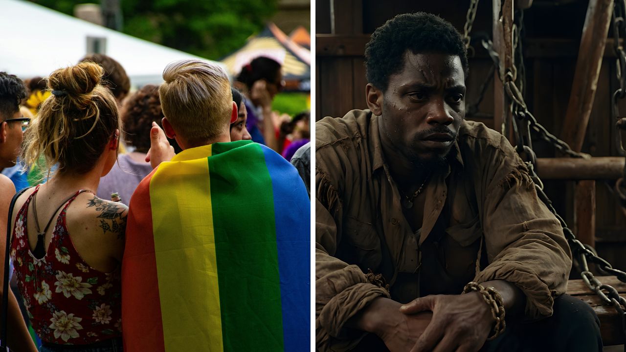 Pride pochod s dúhovou vlajkou a dramatická scéna s mužom v reťaziach.