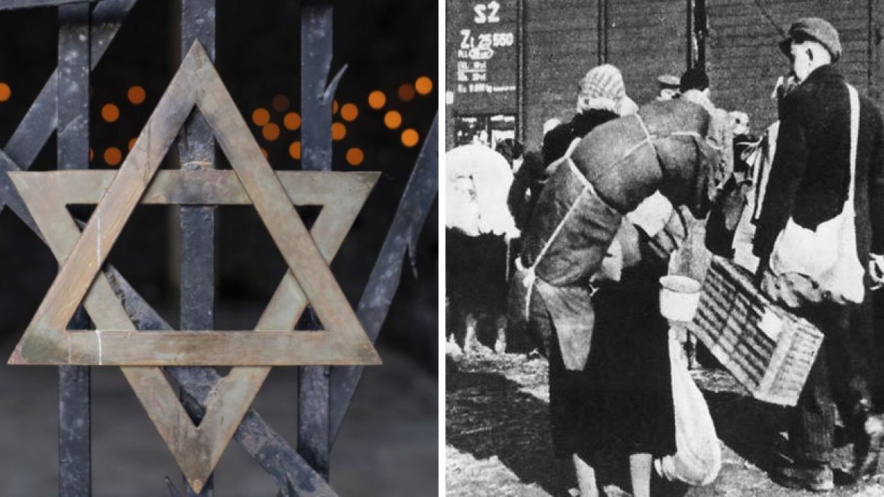 Židovská hviezda na bráne a historická fotografia ľudí v táboroch počas holokaustu.