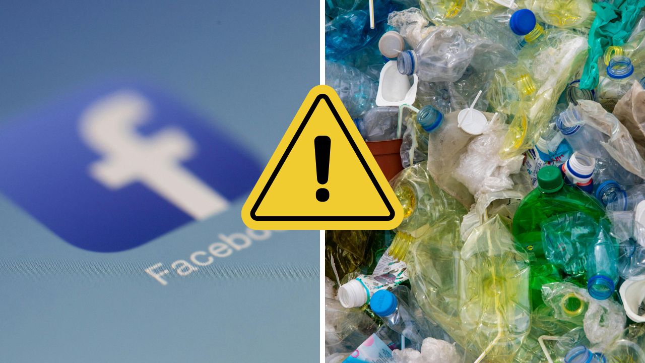 Facebook logo vedľa hromady plastového odpadu s varovnou značkou uprostred.