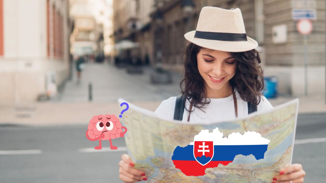 Žena s mapou Slovenska a kreslený mozog na rušnej ulici, hľadá cestu.