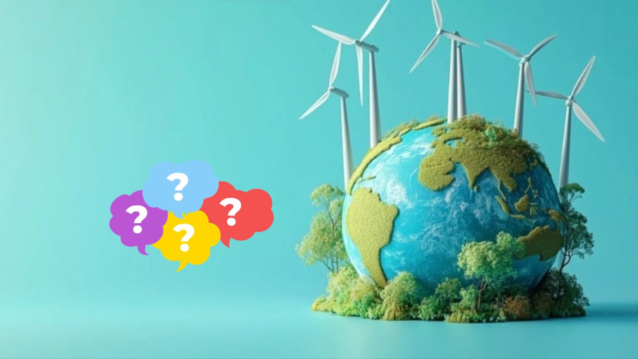 Planéta pokrytá zeleňou a veternými turbínami, symbolizujúca udržateľnú energiu, vedľa farebných otáznikov.