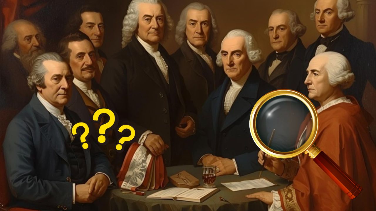 Skupina historických postáv diskutuje pri stole, obohatená o komické prvky: lupa a otázniky.