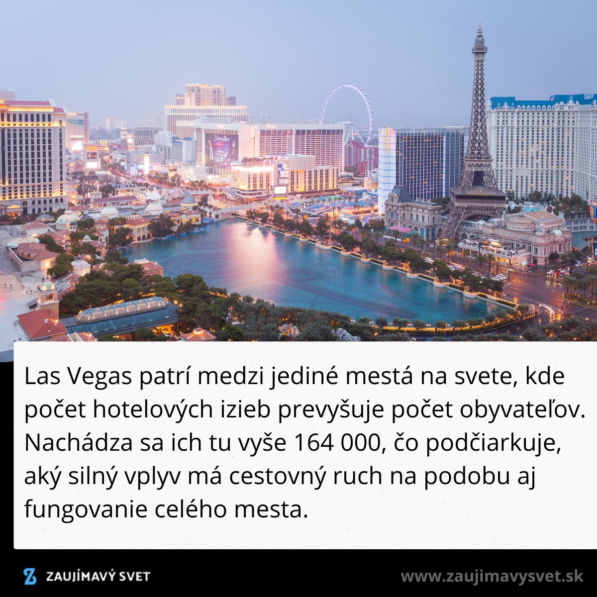 Panoráma Las Vegas s hotelmi, Eiffelovkou a večernými svetlami. Cestovný ruch dominuje v meste.