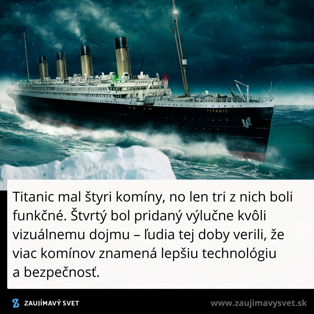Obrázok ikonického Titanicu s štyrmi komínmi plávajúceho po oceáne za temnej oblohy.