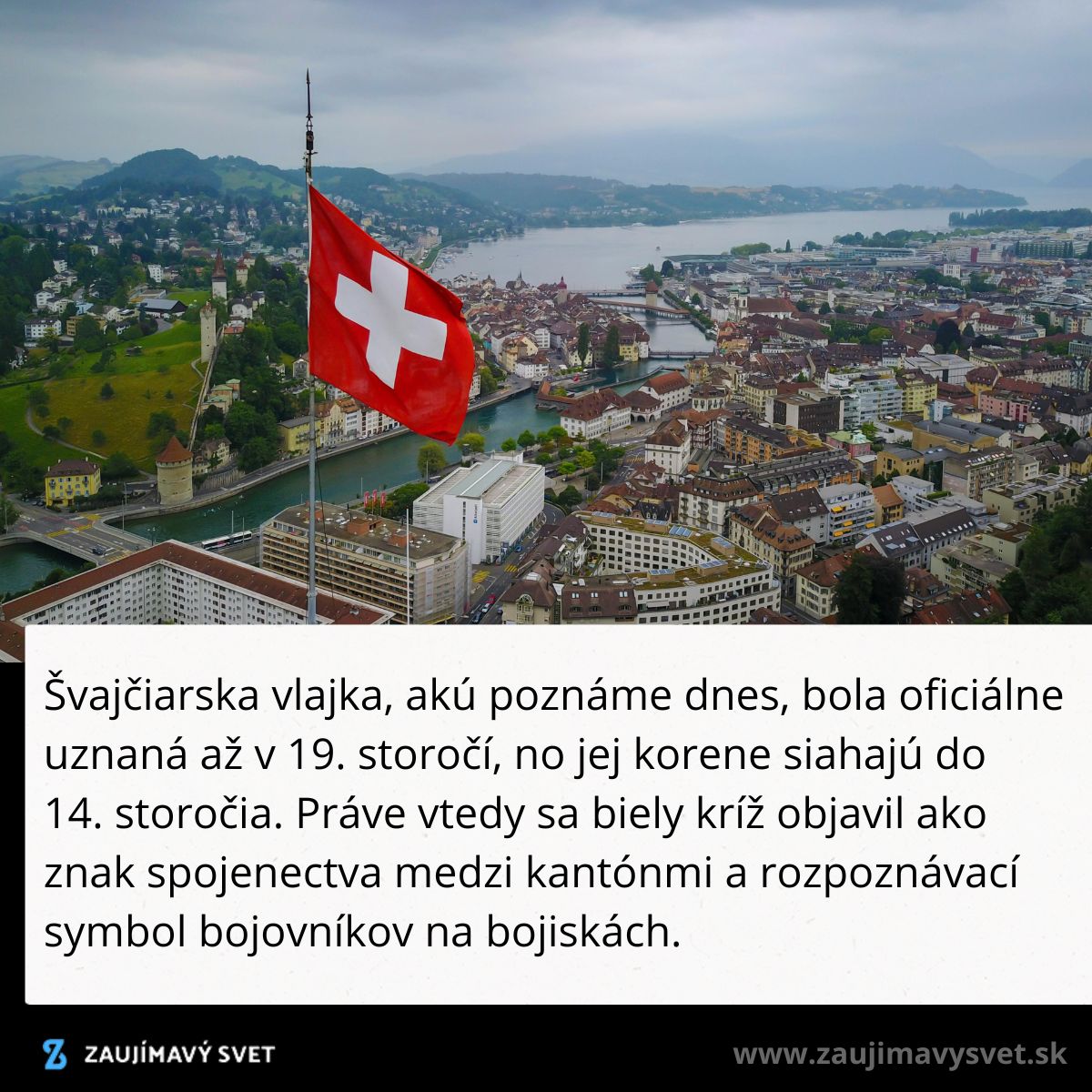 Švajčiarska vlajka v Lucerne s bielym krížom na červenom pozadí, pohľad na mesto a jazero z výšky.