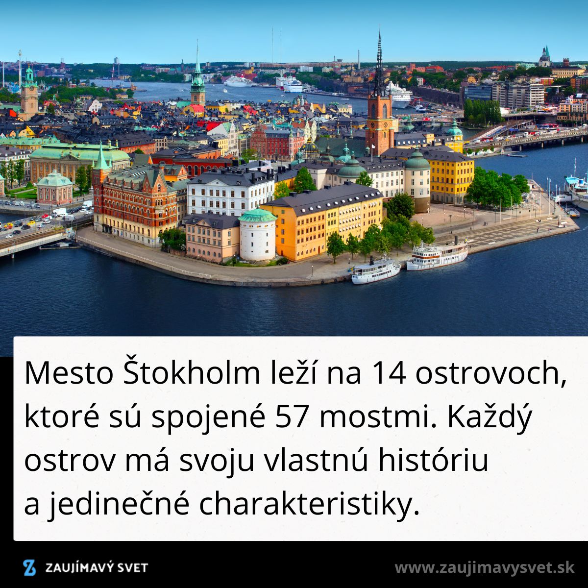 Letecký pohľad na Štokholm s farebnými budovami, mostami a loďami na modrej vode.