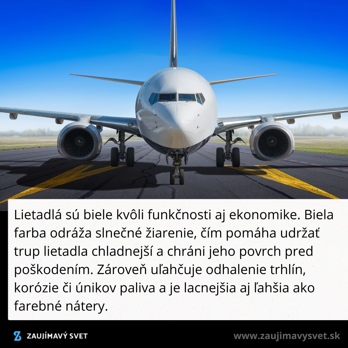 Biele lietadlo na ranveji s modrou oblohou, zvýrazňujúce jeho funkčnosť a ekonomickú výhodu bieleho náteru.