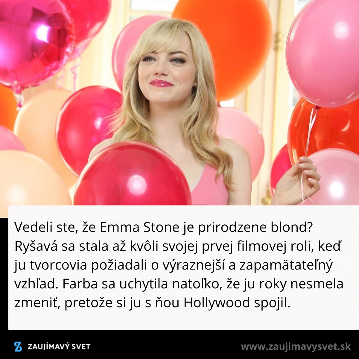 Mladá žena s blond vlasmi drží farebné balóny, žiariaca v ružových a oranžových odtieňoch.