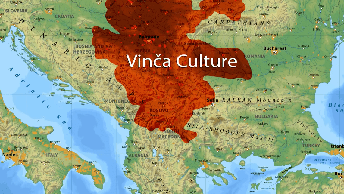 Mapa rozsahu Vinčskej kultúry v juhovýchodnej Európe počas praveku.