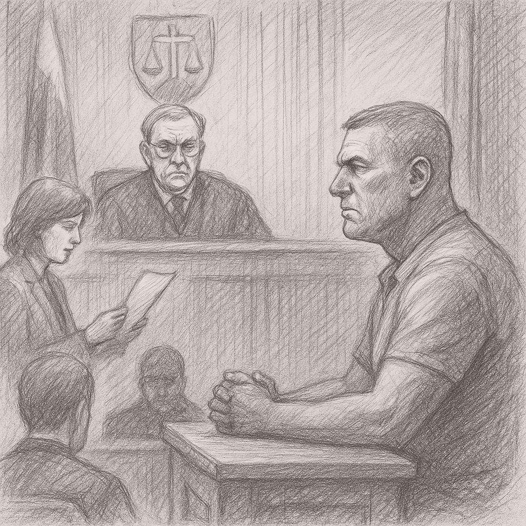 Cernak pred súdom, sudca a právnik uprostred súdneho pojednávania. Skica ceruzkou, súd, justícia, karikatúra.