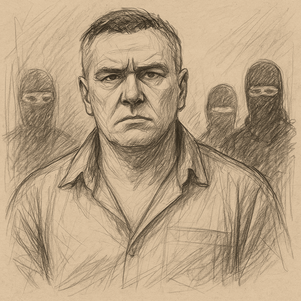 Ilustrácia Mikuláša Černáka s tromi maskovanými postavami v pozadí, zachytenie napätia a tajomna.