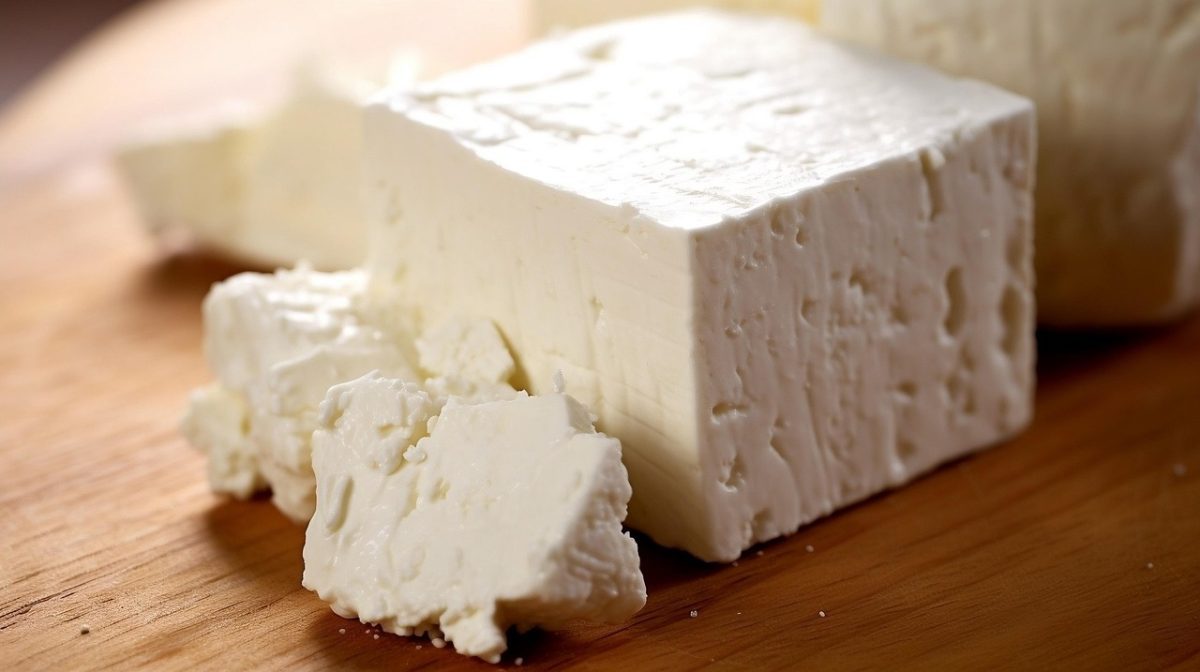 Kocka bieleho syra feta na drevenom podnose, pripravená na servírovanie ako chutná súčasť jedla.