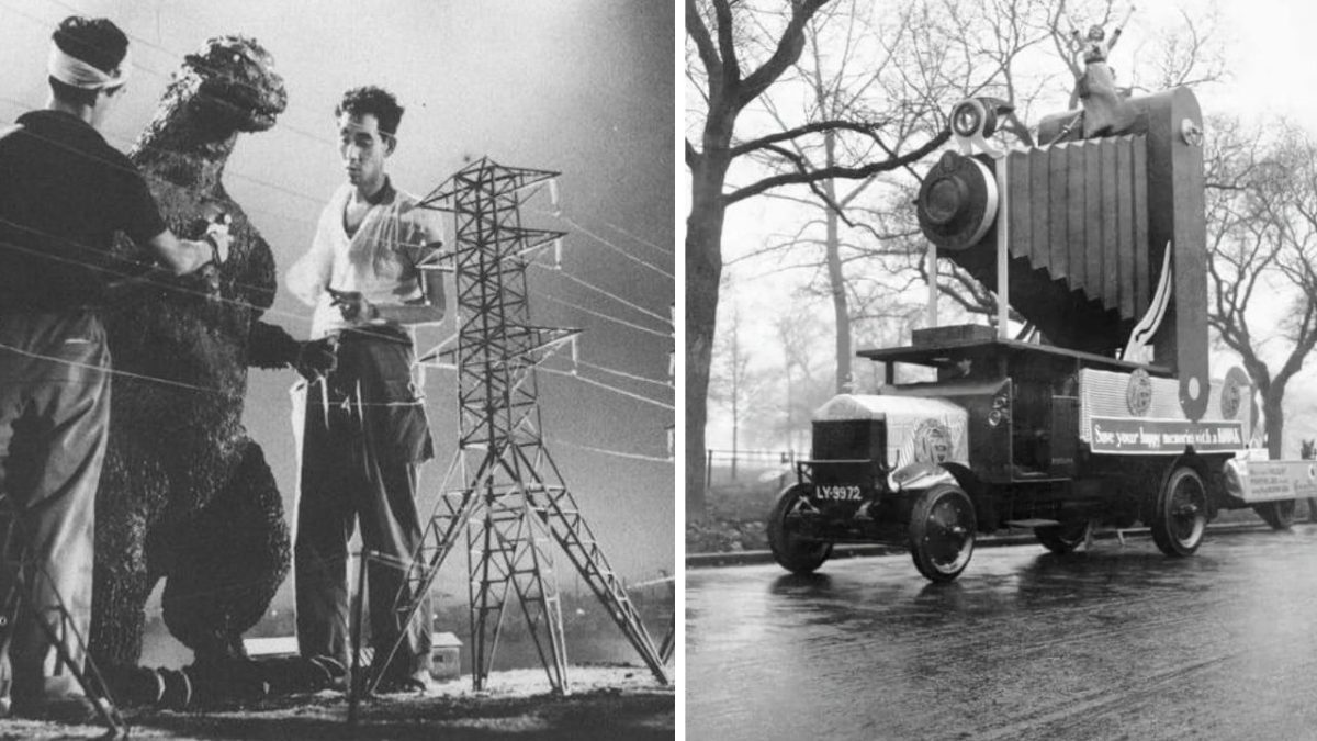 Tvorba filmového monštra a obrieho fotoaparátu vo vintage štýle na historických fotografiách.