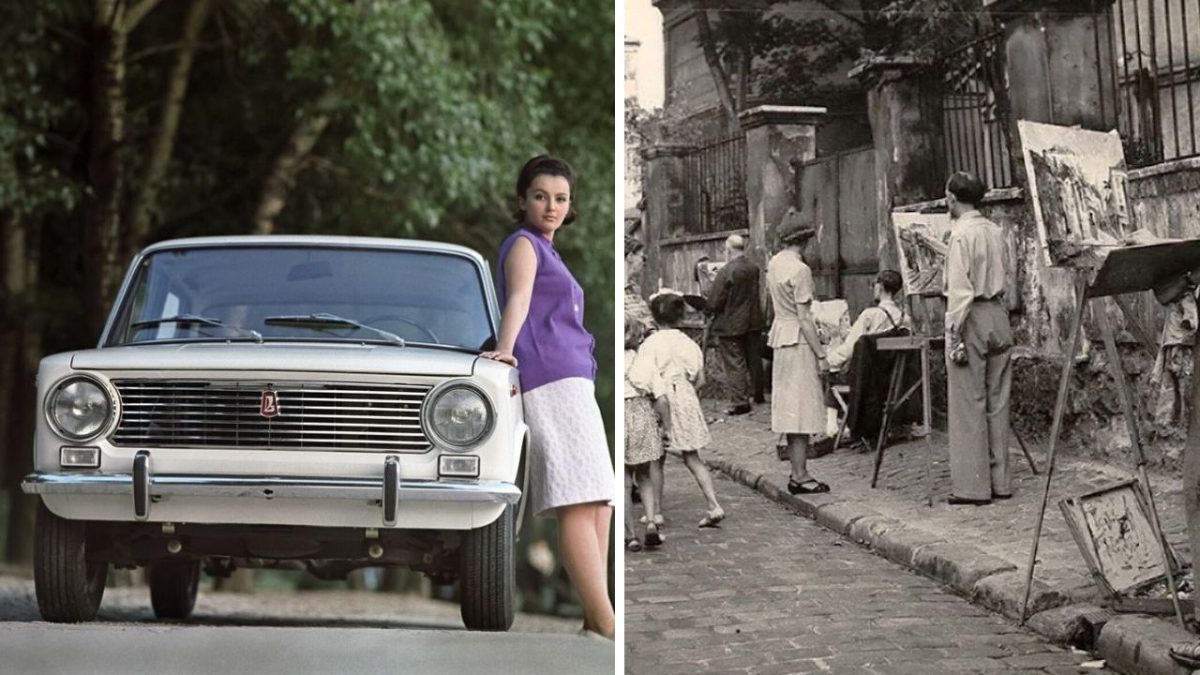 Žena pri klasickom aute v prírode a umelci maľujúci na historickej ulici. Retro kontrast mestského a prírodného života.