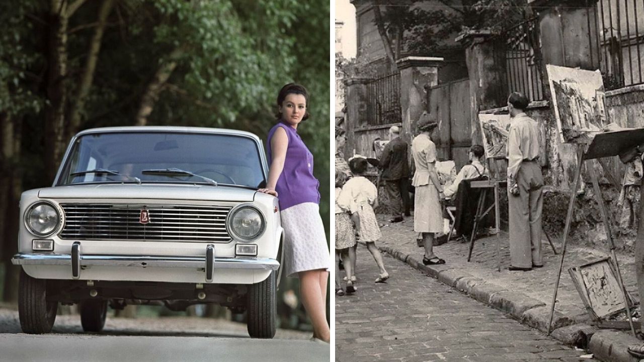 Žena pri klasickom aute v prírode a umelci maľujúci na historickej ulici. Retro kontrast mestského a prírodného života.