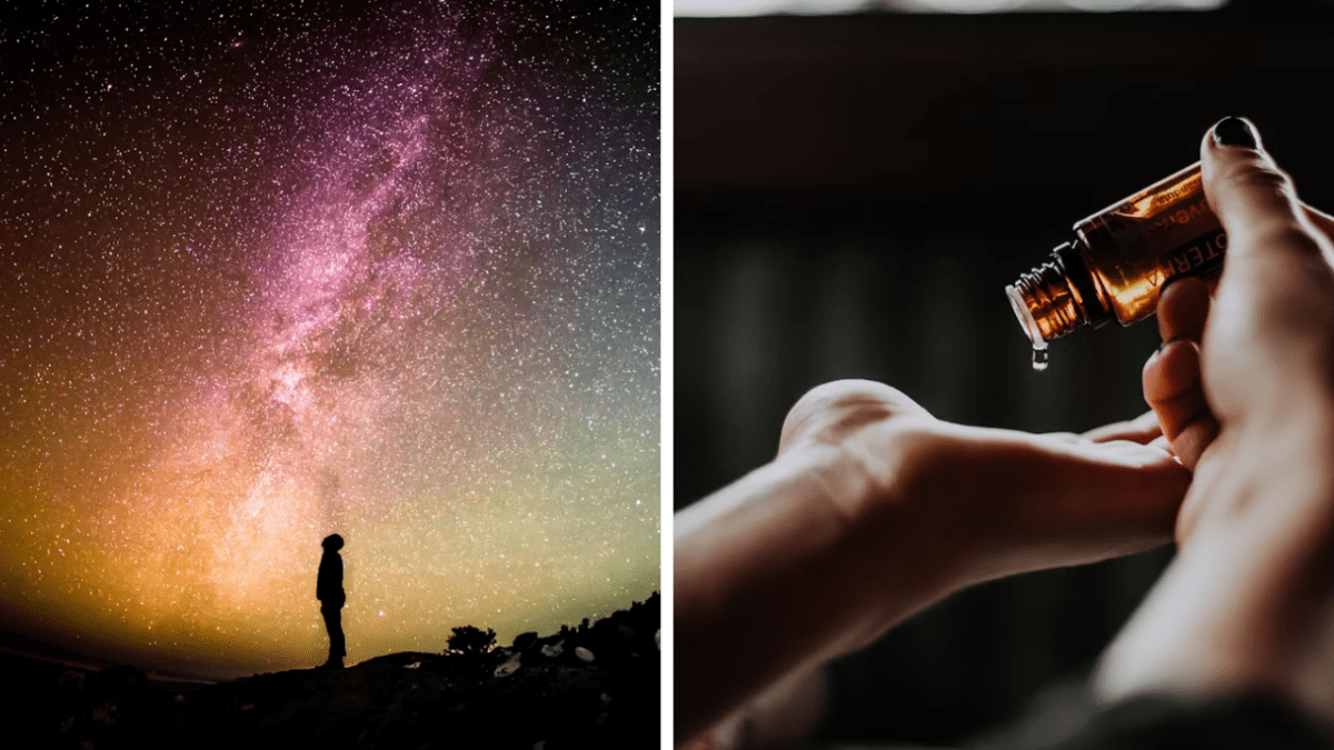 Silueta pod hviezdnou oblohou a kvapkanie esenciálneho oleja do dlane, relax a meditácia.