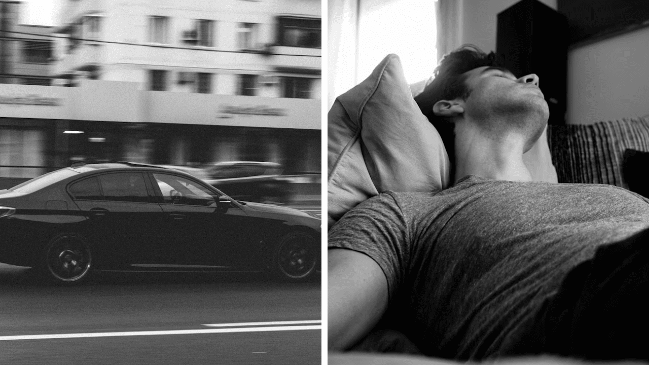 Čiernobiely obraz: jazdiace auto a muž odpočívajúci na pohovke. Rôzne momenty mestského života.